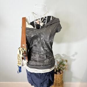 Cute vintage y2k tight grey short sleeve v neck hoodie top